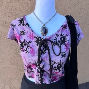 rue21 pink purple and black tie top with celestial patterns